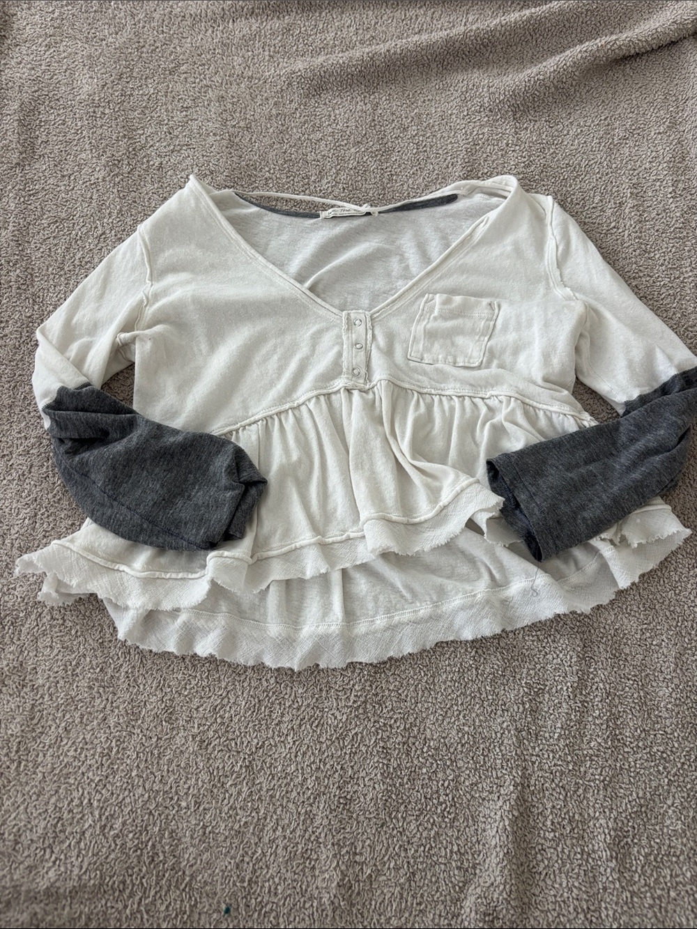 Ivory Ruffle Peasant Tunic with Charcoal Sleeve Accents